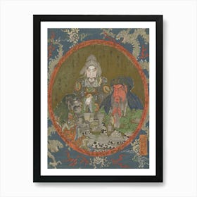 At Center Of Vignette, Three Figures Gathered Around A Table Full Of Food And Drink; Figure At R With Red Skin Clutches Art Print