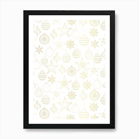 Line Art Stars and Christmas Ornaments Gold and White Art Print