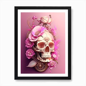 Skull With Steampunk Details 2 Pink Vintage Floral Art Print