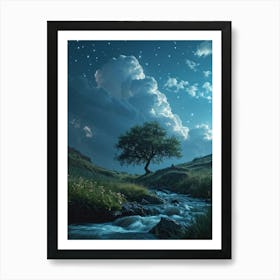 Live Action Scene Singular Majestic Tree Standing In The Center Of A Plateau Meadow Small River Su Art Print