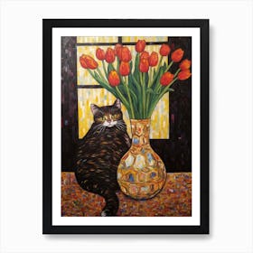 Tulips With A Cat 3 Art Nouveau Klimt Style Art Print