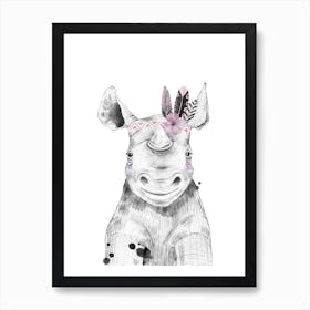 Safari Babies Rhino With Head Feathers Art Print