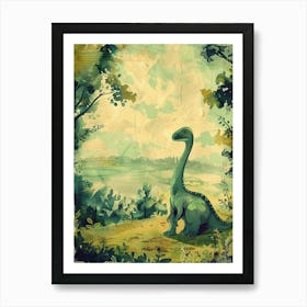 Dinosaur Sat On The Hill Vintage Storybook Painting Art Print