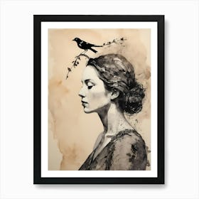 Woman Portrait With A Bird Painting (46) Art Print