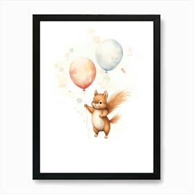 Baby Squirrel Flying With Ballons, Watercolour Nursery Art 3 Art Print