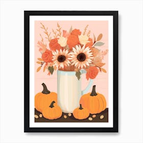 Pitcher With Sunflowers, Atumn Fall Daisies And Pumpkin Latte Cute Illustration 10 Art Print