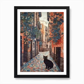Painting Of Barcelona With A Cat In The Style Of William Morris 2 Art Print