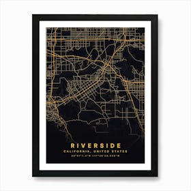 Riverside California USA Black And Gold Map Art Print