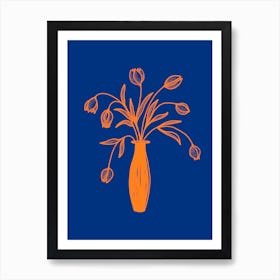 Tulips In Orange Vase On Ultramarine Blue Art Print