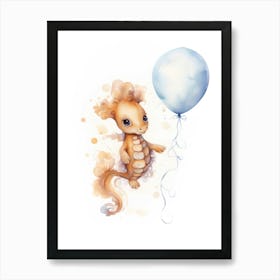 Baby Seahorse Flying With Ballons, Watercolour Nursery Art 1 Art Print