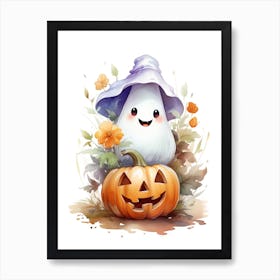 Cute Ghost With Pumpkins Halloween Watercolour 153 Art Print