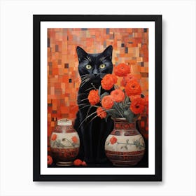 Black Cat With Orange Roses Art Print