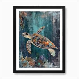 Blue Sea Turtle Exploring The Ocean Collage 2 Art Print