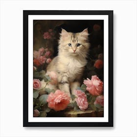 Cat With Peonies Rococo Style Art Print