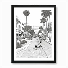 Skateboarding In Miami Florida, Usa Line Art Black And White 2 Art Print