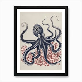 Octopus Linocut Style With Aqua Marine Plants 2 Art Print