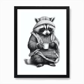 Raccoon Knitting Illustration  Art Print