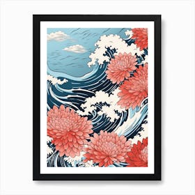 Great Wave With Chrysanthemum Flower Drawing In The Style Of Ukiyo E 3 Art Print