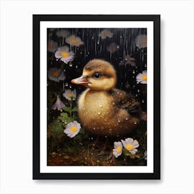 Duckling In The Rain Floral Painting 2 Art Print