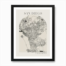 San Diego California Boho Minimal Arch Full Beige Color Street Map Art Print