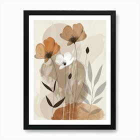 Flowers In Beige, Brown And White Tones, Using Simple Shapes In A Minimalist And Elegant 11 Art Print