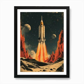 Space Odyssey: Retro Poster featuring Asteroids, Rockets, and Astronauts: Space Shuttle Launch 2 Art Print