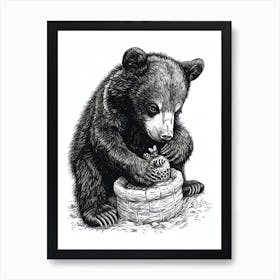 Malayan Sun Bear Cub Playing With A Beehive Ink Illustration 1 Art Print