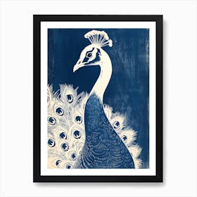 Navy Blue Portrait Of A Peacock 1 Art Print