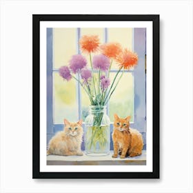 Cat With Allium Flowers Watercolor Mothers Day Valentines 1 Art Print