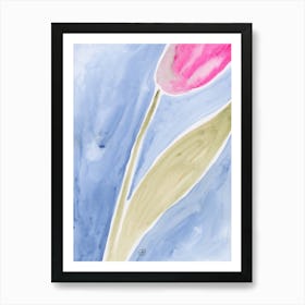 Tulip On Blue 4 - floral watercolor blue green magenta Art Print