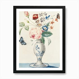 Vase With Flowers And Butterflies Art Print