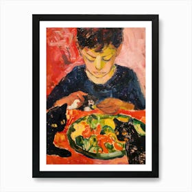 Portrait Of A Boy With Cats Eating A Salad 2 Art Print