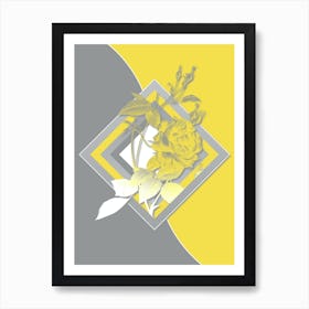 Vintage Blood Red Bengal Rose Botanical Geometric Art in Yellow and Gray n.147 Art Print