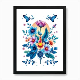 Blue Flowers With Butterflies Art Print