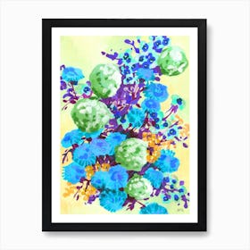 Blue Hydrangeas on yellow Art Print