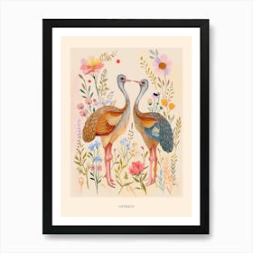 Folksy Floral Animal Drawing Ostrich 3 Poster Art Print