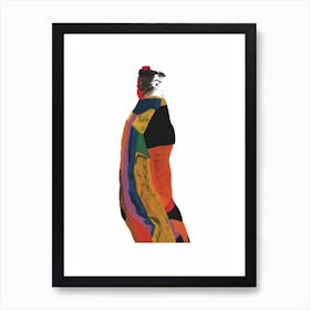 Egon Schiele Inspired Woman In A Colorful Dress Coat Art Print