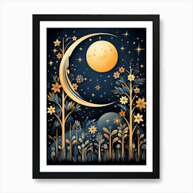 Crescent Moon Full Moon And Stylized Floral Landscape At Night Art Print