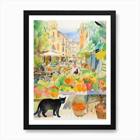 Food Market With Cats In Amalfi 1 Watercolour Art Print