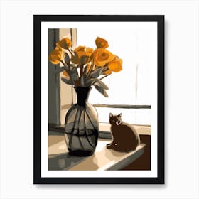 Drawing Of A Still Life Of Freesia With A Cat 3 Art Print
