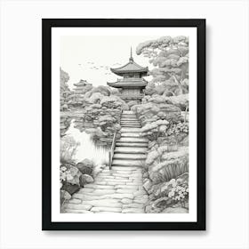 Ritsurin Garden In Kagawa, Ukiyo E Black And White Line Art Drawing 2 Art Print