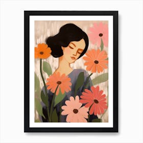 Woman With Autumnal Flowers Gerbera Daisy Art Print