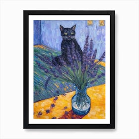 Still Life Of Lavender With A Cat 2 Art Print