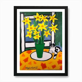 Painting Of A Still Life Of A Daffodils With A Cat In The Style Of Matisse 4 Art Print