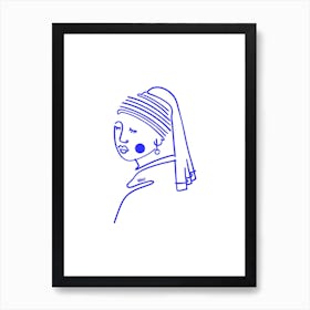 Girl Wearing A Pearl Earring Blue Line Art Print
