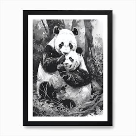 Giant Panda Playing Together In A Forest Ink Illustration 4 Art Print