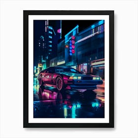 Sleek retrowave car with synthwave neon lights [synthwave/vaporwave/cyberpunk] — aesthetic poster, retrowave poster, vaporwave poster, neon poster Art Print