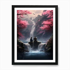 Waterfall With Cherry Blossoms Art Print