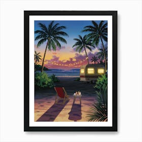 Anime Canvas Art: Sunset Tropical Beach Scene with Camper Van, String Lights, and Calm Ocean, Perfect for Lofi Aesthetic and Relaxing Coastal Decor Lovers. Art Print