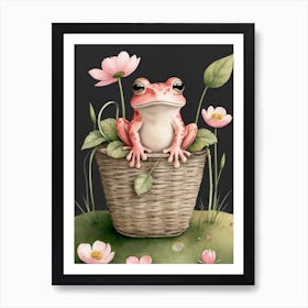 Cute Pink Frog In A Floral Basket (13) Art Print